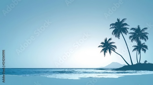 Blue ocean with palm trees in the background. The palm trees are silhouetted against the blue sky