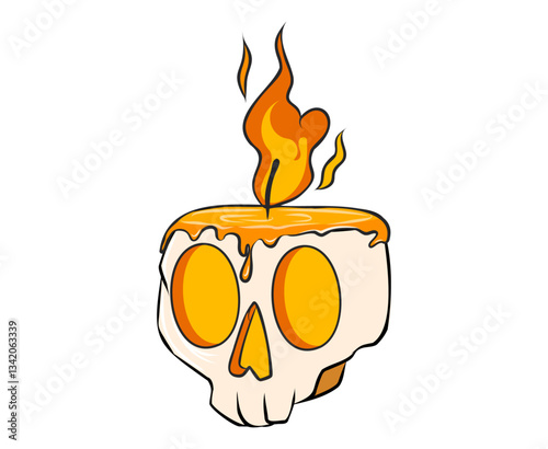 Candle shaped like a skull with a flame on top in vibrant colors