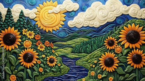 Vibrant Sunflower Landscape Ceramic Art