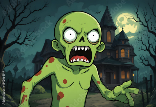 Cartoon zombie in ragged clothing emerging from the ground in a haunted graveyard