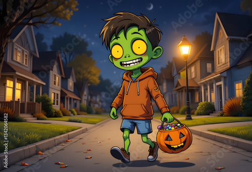 Halloween cartoon illustration of a green zombie trick-or-treating with a pumpkin basket, strolling down a spooky street beneath the full moon.
