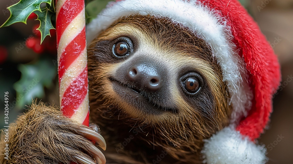 Fototapeta premium Cute Sloth in Santa Hat, Candy Cane