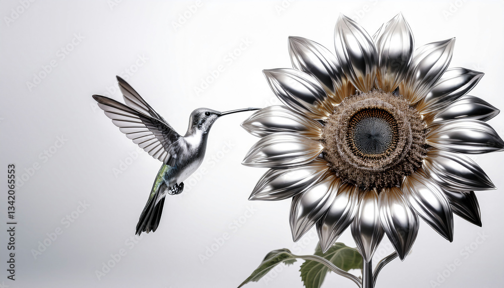 Fototapeta premium A silver chrome sunflower with a humming bird, white background, ultra realistic and hyper detailed
