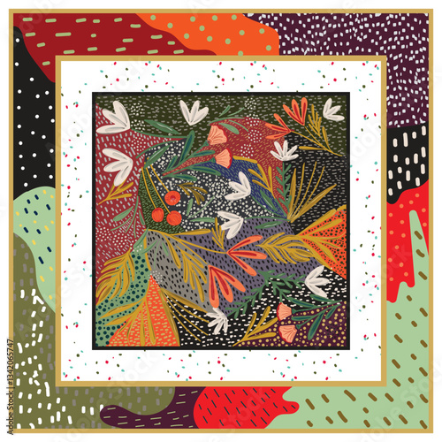 A  floral design featuring various colorful flowers and leaves, surrounded by playful abstract patterns and dotted textures, The hand drawn style and colors give the pattern a luxury stylish feel