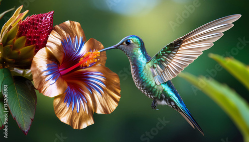 highly detailed realistic image of metallic hummingbird drinking nectar from a metallic flower
