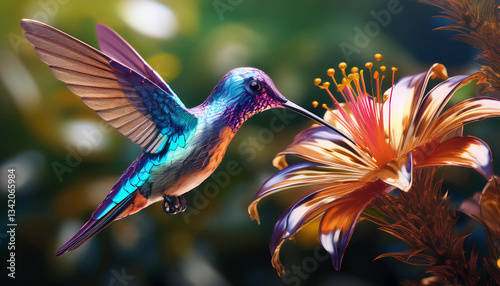 highly detailed realistic image of metallic hummingbird drinking nectar from a metallic flower