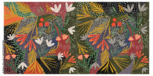 Colorful  abstract illustration with a dense pattern of stylized botanical elements and dotted textures on multicolor patches, The hand drawn style and colors  give the pattern a luxury stylish feel.