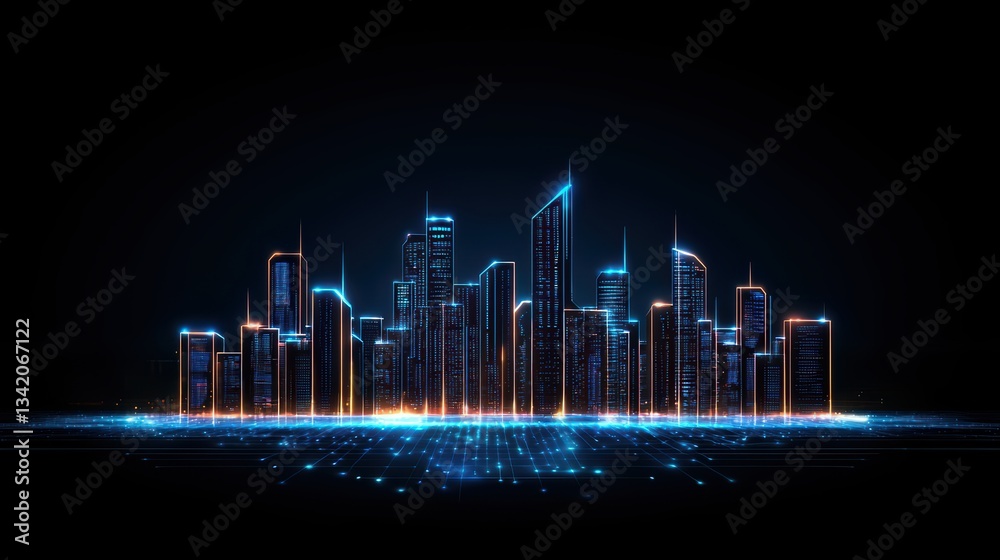 Fototapeta premium Futuristic Smart City Network Concept with Neon Skyline and Advanced Technology Elements