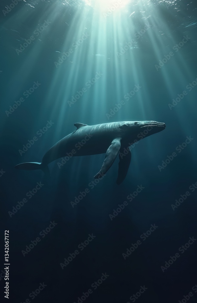 Obraz premium Gentle whale swims underwater in dark ocean depths. Bathed in sunlight, creating a tranquil atmosphere. Marine animal explores blue habitat and fluidity of graceful species in marine ecosystem.