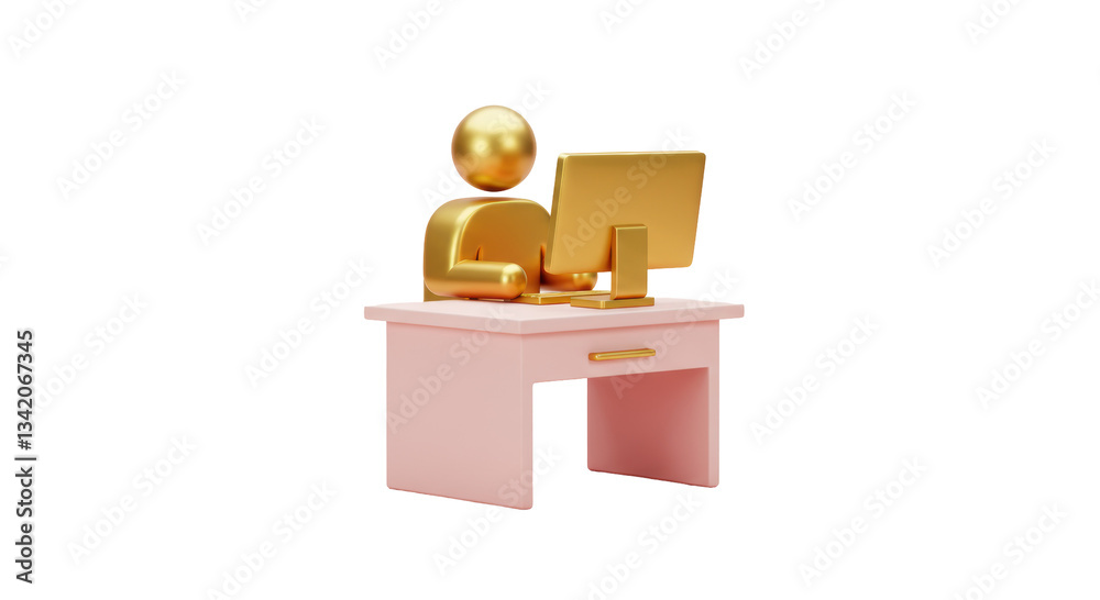 Isolated Golden Person at Desk with Computer Isolated Golden Person at Desk with Computer