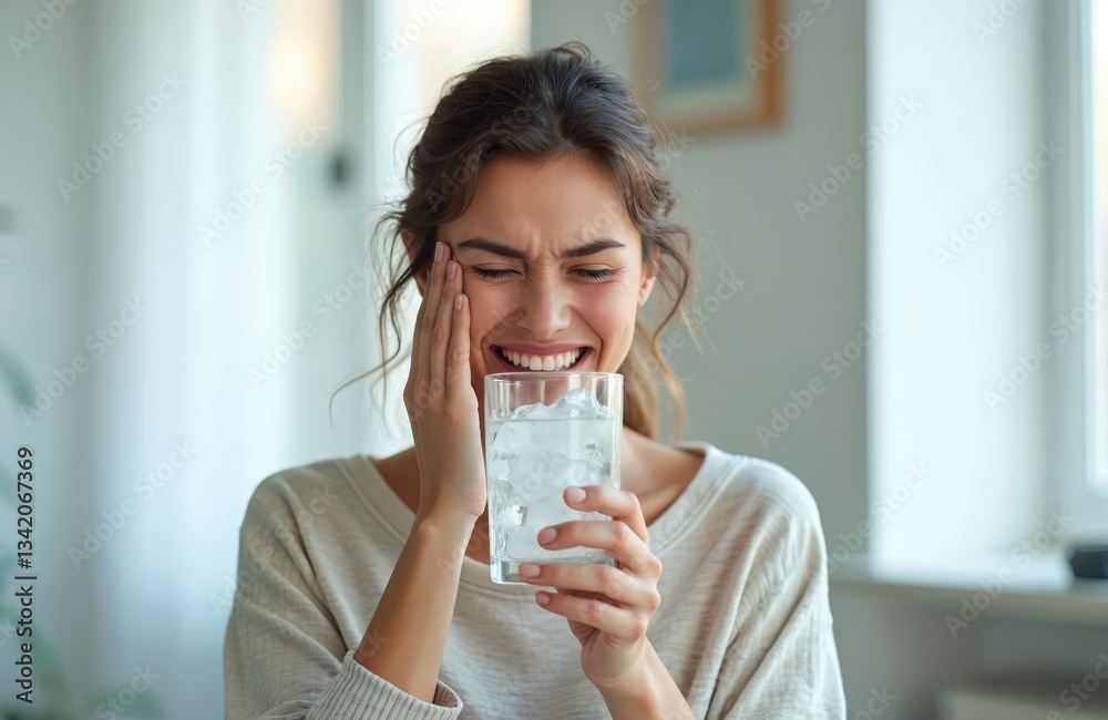 Young woman feels toothache from cold water with ice. Sensitive teeth concept. Touching cheek in pain. Drink glass full ice cubes, feels pain. Dental healthcare, oral hygiene. Caries prevention. Young woman feels toothache from cold water with ice. Sensitive teeth concept. Touching cheek in pain. Drink glass full ice cubes, feels pain. Dental healthcare, oral hygiene. Caries prevention.