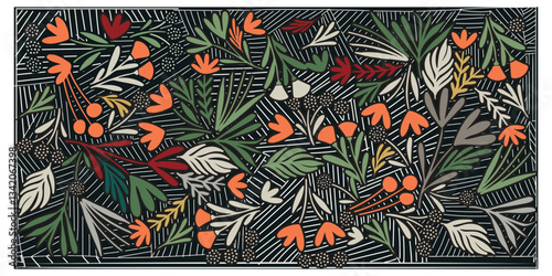 A vibrant arrangement of colorful leaves and flowers against a dark background, featuring various shapes and textures in greenery and warm tones.