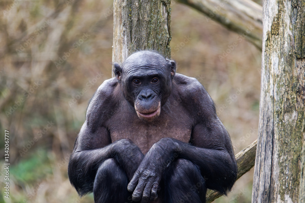 Bonobo, Pan paniscus Sitting on Wooden Structure in Natural Habitat. A bonobo sitting on a wooden structure with a natural background. Bonobo, Pan paniscus Sitting on Wooden Structure in Natural Habitat. A bonobo sitting on a wooden structure with a natural background.