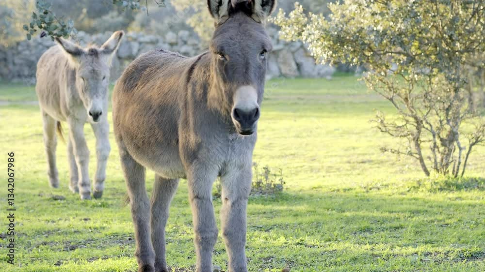 Two donkeys grazing in a green pasture Two donkeys grazing in a green pasture