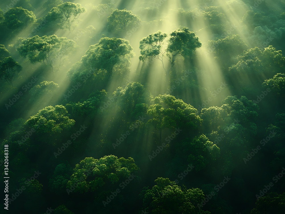 Obraz premium Beautiful forest landscape with sunbeams shining through the trees tops