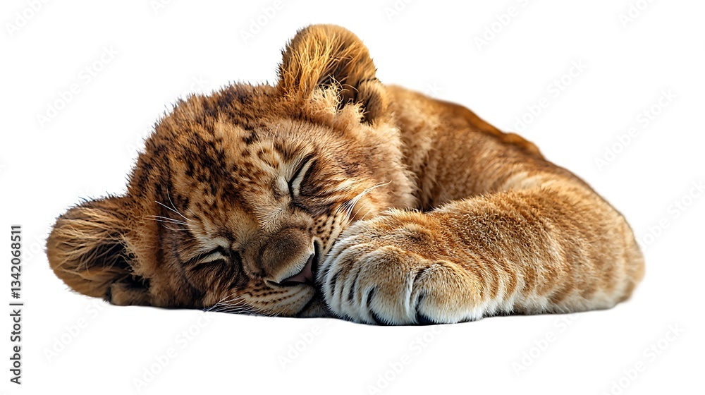 Fototapeta premium A lion cub napping with its paw over its face, isolated on white background