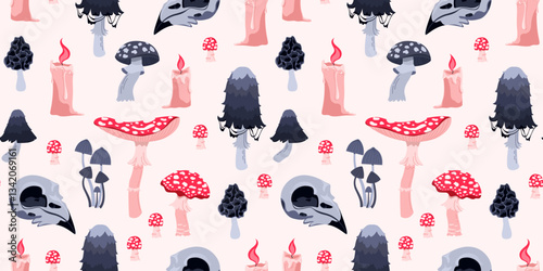 Vector seamless pattern on a pink background. Poisonous mushrooms, bird skull and candles. Witch and shaman aesthetics.