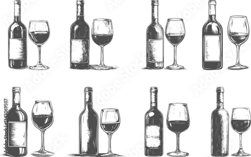 Set illustrations of wine bottle and glass isolated on transparent background. Vector graphics