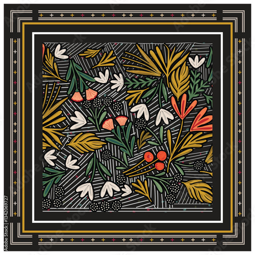 A floral pattern colorful flowers and leaves, framed by bold geometric lines and contrasting colors, It could be used as a wallpaper, fabric design, or other decorative elements, and curtains prints

