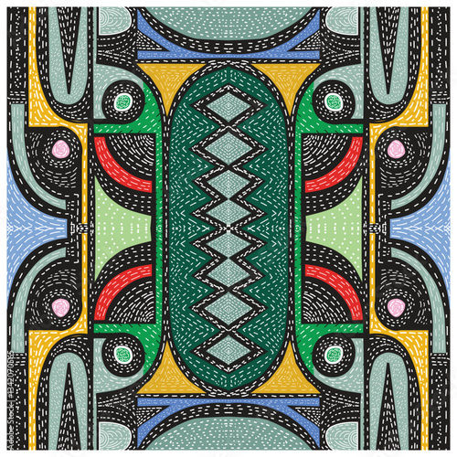 Symmetrical abstract pattern with vibrant colors, including green, yellow, blue, and red, featuring swirling lines and geometric shapes.