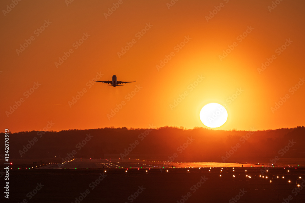 Airplane landing with a golden light of sunset in Cracow Balice Airport during a februray day.