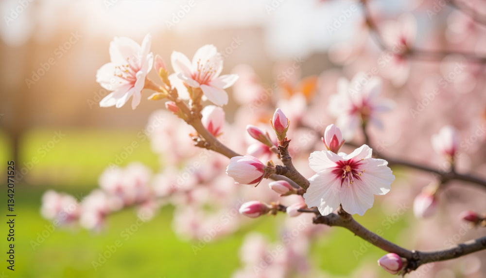 Obraz premium Blooming cherry blossoms on tree branch against sunny background