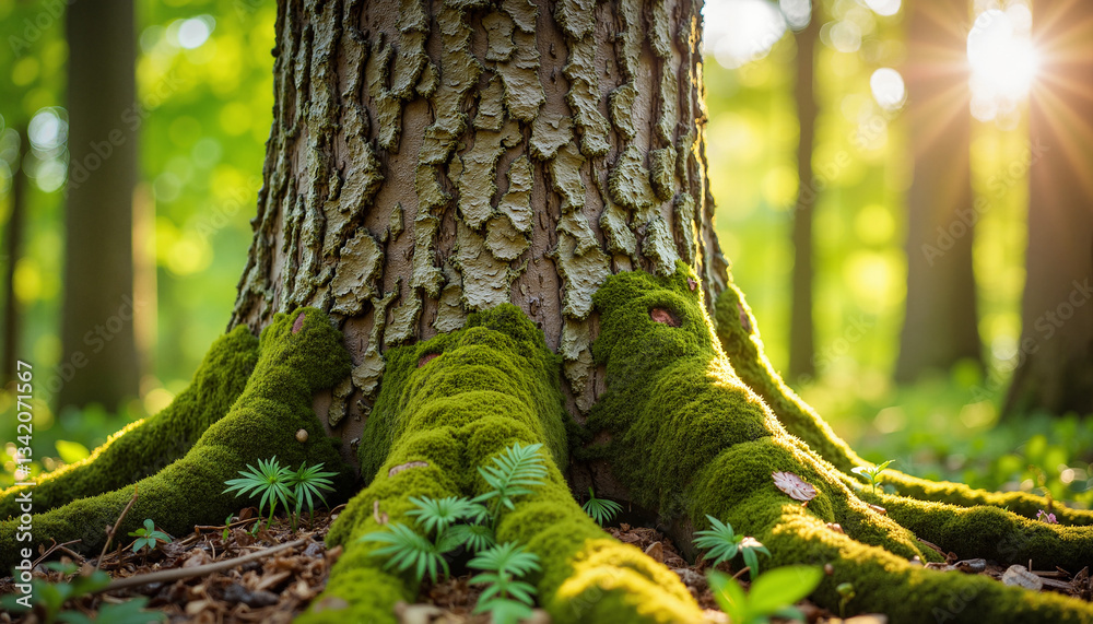 Obraz premium Tree trunk covered in moss with sunlight in forest