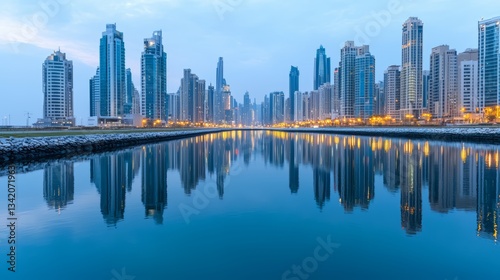 City skyline is reflected in a body of water. The water is calm and the sky is a mix of blue and white. The city is lit up at night, creating a serene and peaceful atmosphere