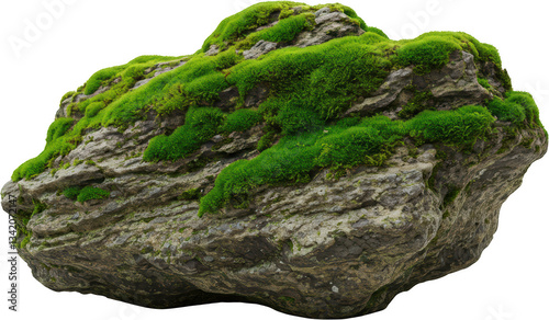 Lush green moss covering a grey rock isolated transparent background perfect for nature or game design