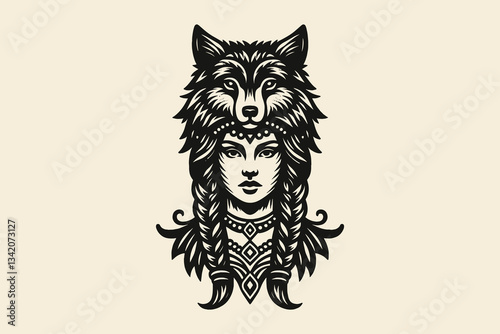 Engraved woman with wolf headdress, tribal jewelry, and braids	