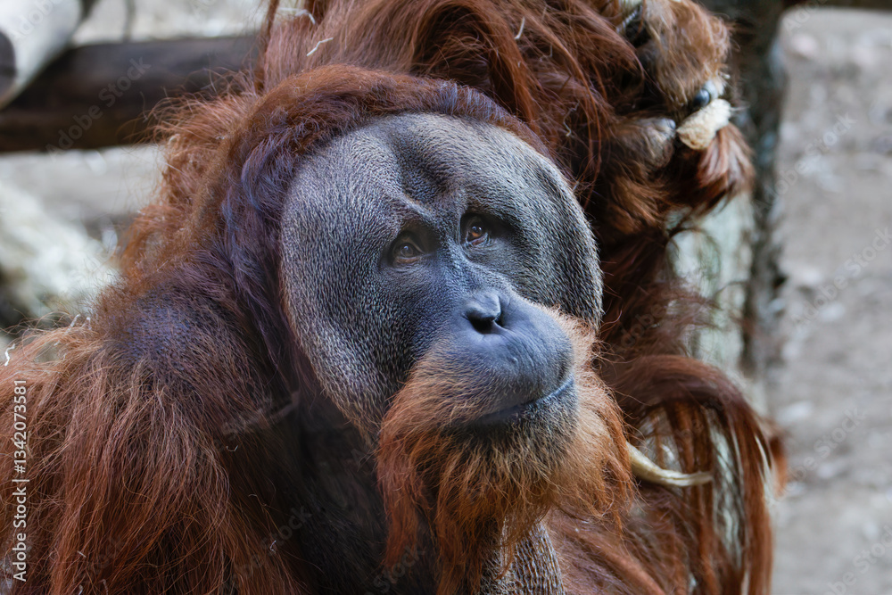 Obraz premium Thoughtful Orangutan Portrait. Close-up of an orangutan, pongo abelil with long reddish-brown hair and a thoughtful expression.
