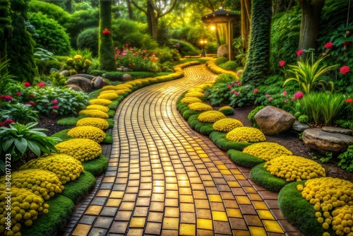 A whimsical yellow brick road winds through a vibrant garden.