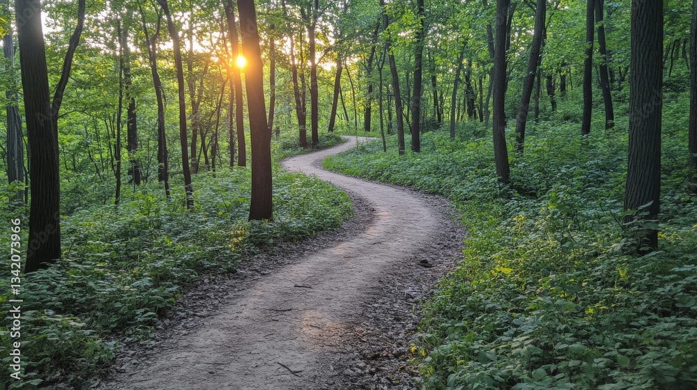 Naklejka premium Winding Forest Path at Sunset