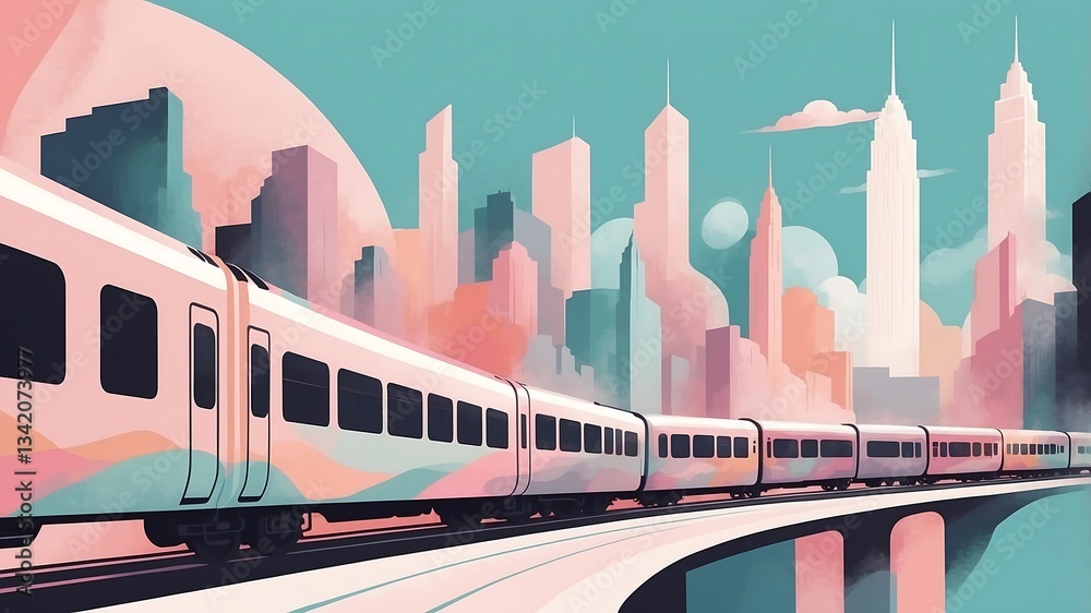 Fototapeta premium Futuristic Cityscape with High-Speed Train, Iconic Skyscrapers, and a Vibrant Sky in a Bold and Stylized Digital Art Illustration
