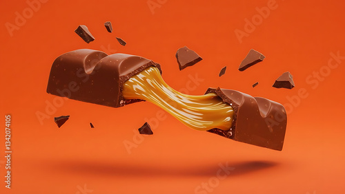A close-up image of a chocolate bar being pulled apart to reveal a smooth, gooey caramel filling.