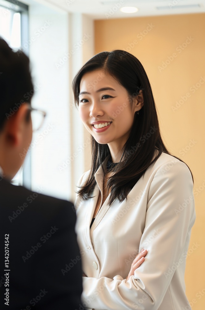 Confident Businesswoman Engaging in Discussion in Modern Office Setting Confident Businesswoman Engaging in Discussion in Modern Office Setting