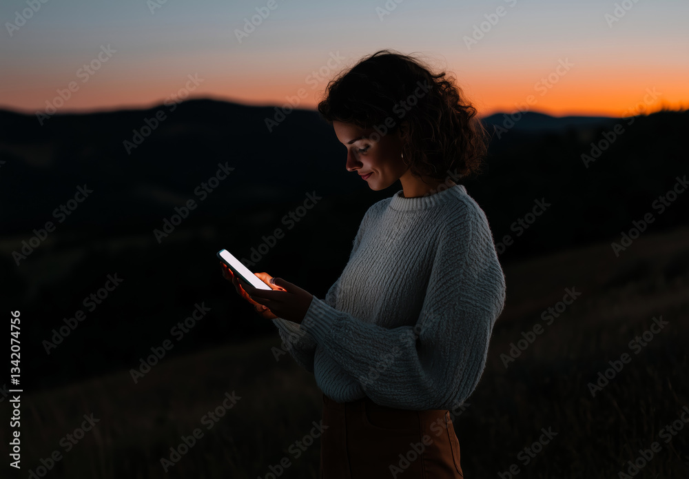 Fototapeta premium Young woman using smartphone outdoors at sunset, blending technology and nature