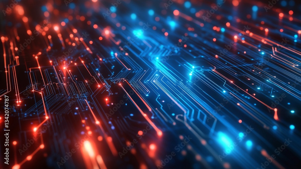 Fototapeta premium Abstract Digital Circuit Board with Glowing Red and Blue Lines