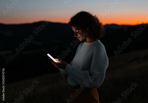 Young woman using smartphone outdoors at sunset, blending technology and nature
