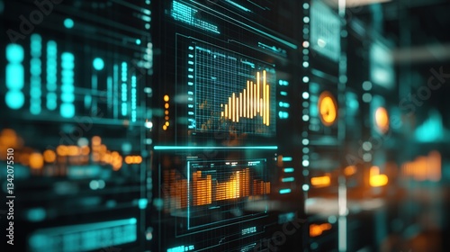 Futuristic Data Visualization Interface in Neon Colors on Dark Background