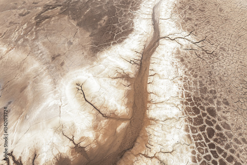 Aerial view of arid landscape with cracked earth