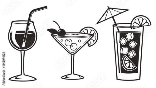 "Hand-Drawn Cocktail and Beverage Icons: Martini, Wine Glass, Iced Drink, and Lemonade Vector Illustration"