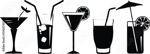 "Hand-Drawn Cocktail and Beverage Icons: Martini, Wine Glass, Iced Drink, and Lemonade Vector Illustration"