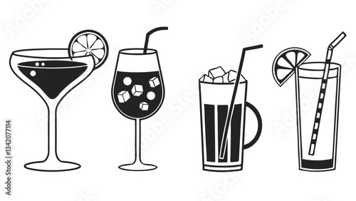 "Hand-Drawn Cocktail and Beverage Icons: Martini, Wine Glass, Iced Drink, and Lemonade Vector Illustration"