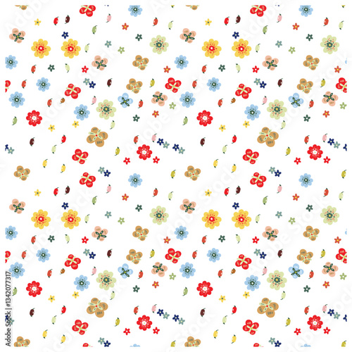 Colorful floral pattern featuring various flowers and leaves on a white background, creating a cheerful, whimsical aesthetic.