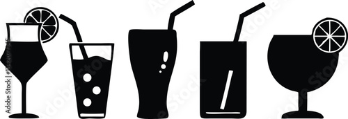 "Hand-Drawn Cocktail and Beverage Icons: Martini, Wine Glass, Iced Drink, and Lemonade Vector Illustration"
