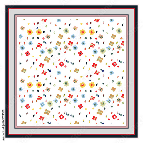 A colorful pattern of various flowers and leaves scattered randomly on a white background.