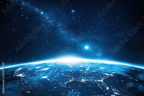 From space, North America glows at night with city lights showcasing bustling human activity in the USA, Canada, and Mexico. New York and California stand out in this stunning 3D rendering of Earth
