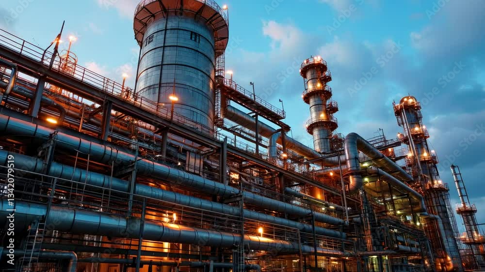 Oil and gas refinery plant, factory pipes after sunset, scenery of ...