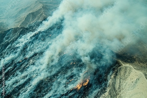 A fiery blaze engulfs a brush and tree landscape, with flames and smoke rising during a California wildfire